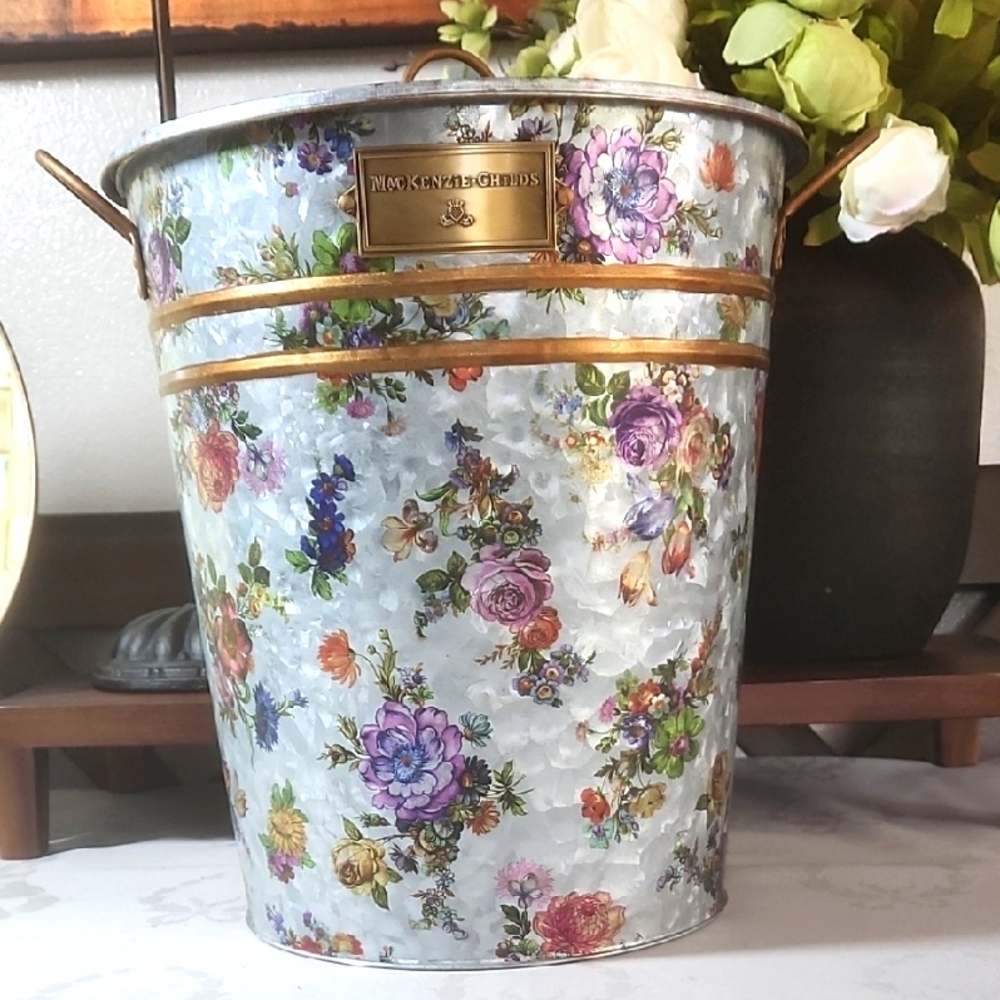 MacKenzie-Childs Floral Galvanized Upright Bucket with Gold Rim